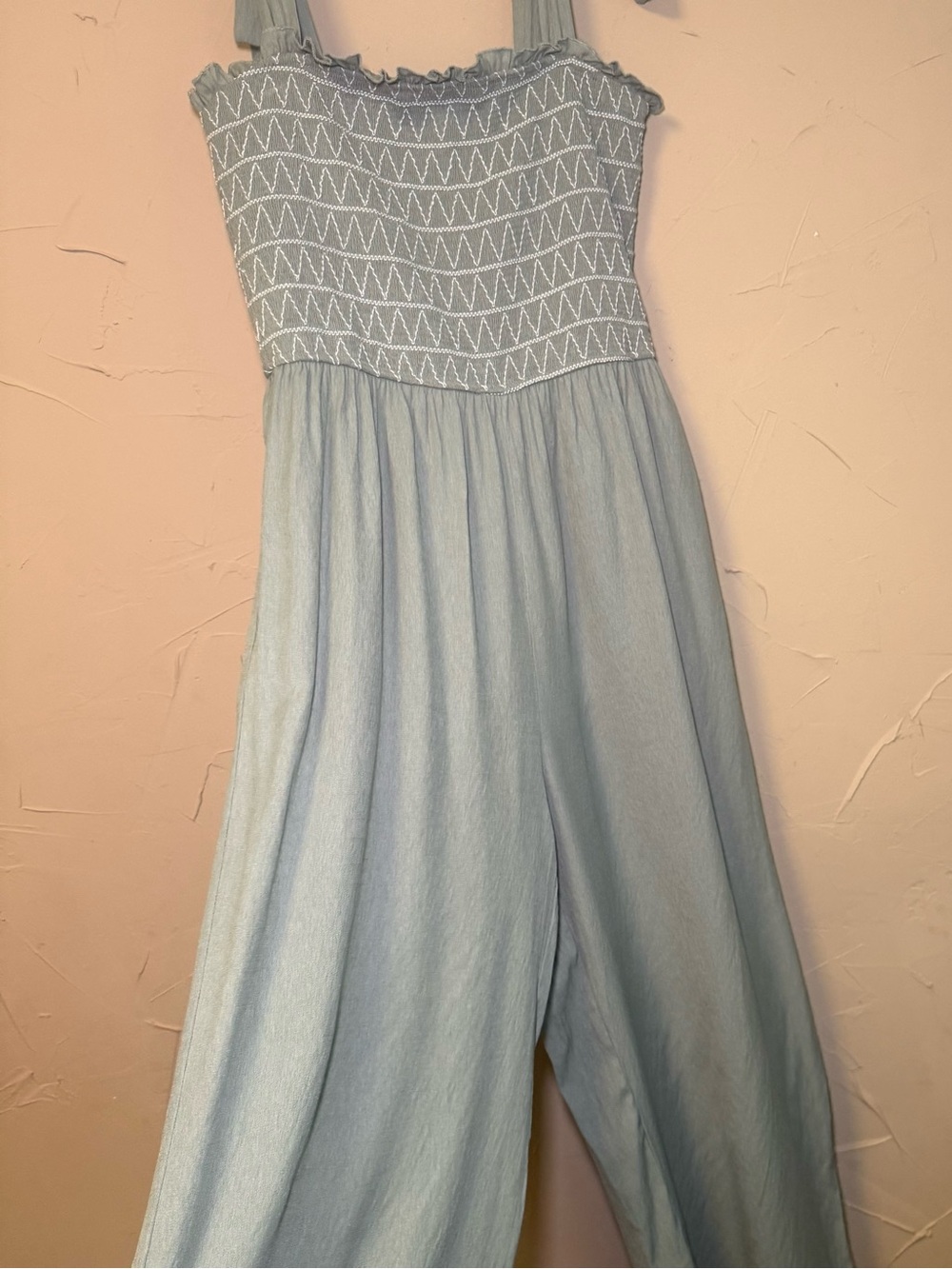 Audrey Parks x Francesca Smocked Jumpsuit M Boho Cottagecore Wide Leg Sage/Mint - Picture 5 of 15